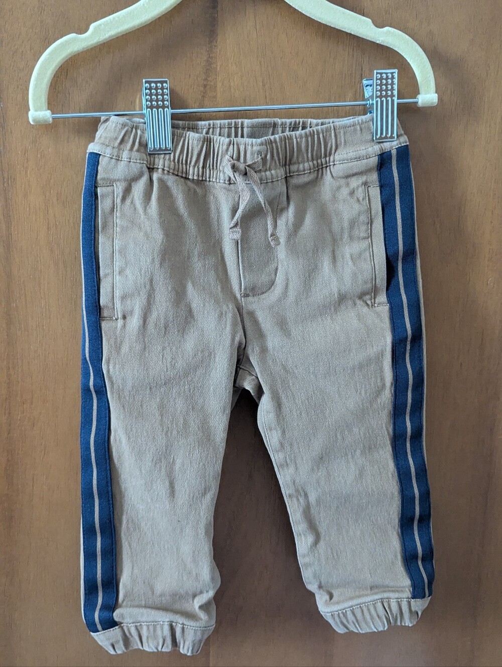 Janie and Jack Tan Joggers with Navy Side Stripes